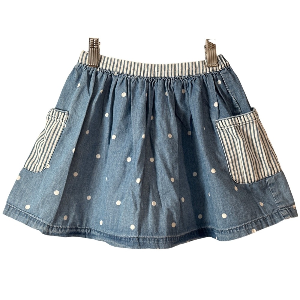 Mini Boden Girls Polka Dot Denim Skirt With Striped Pockets Size 5-6Y 100% Cotto